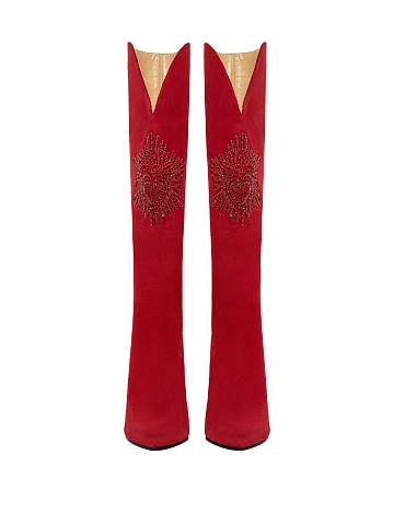 Red Embroidered Suede Knee High Boots, 2
