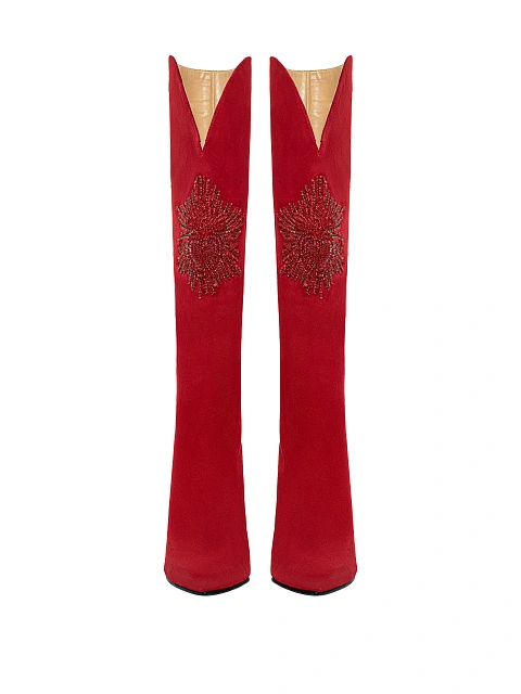 Red Embroidered Suede Knee High Boots, 2