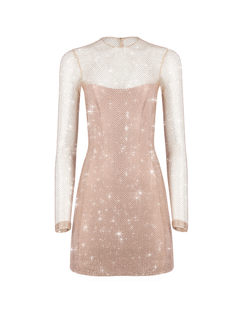 Beige Rhinestones Mesh Mini Dress, 1
