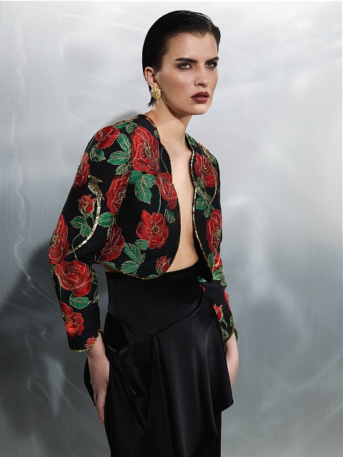 Cropped Black Jacquard With Floral Print And Embroidery, 2 Cropped Black Jacquard With Floral Print And Embroidery, 2
