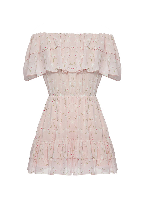 Light Pink Flower Printed Off Shoulder Mini Dress, 1 Light Pink Flower Printed Off Shoulder Mini Dress, 1