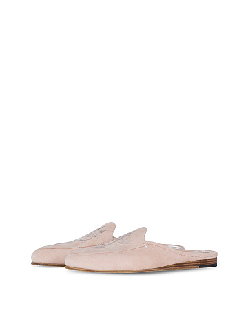 Embroidered Pink Suede Mules, 1
