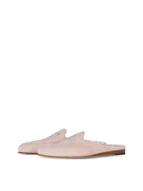 Embroidered Pink Suede Mules, 1