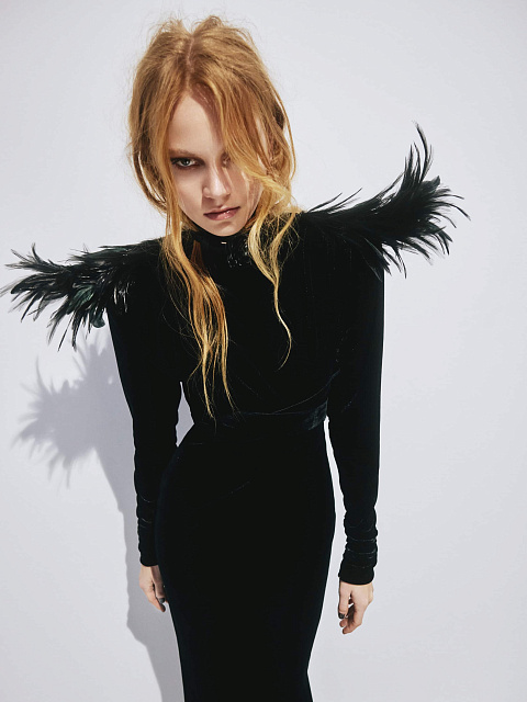 Black velvet dress with feathers, 4 Black velvet dress with feathers, 4