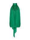Топ из зеленого шелка, воротник стойка, американская пройма, шарф-бант