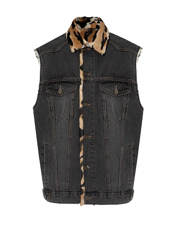 Grey Denim & Printed Goat Fur Vest, 1