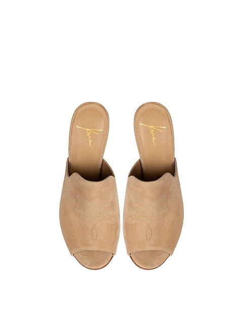 Beige Suede Heeled Mules, 4