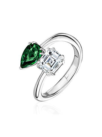 Fancy Diamond, Pear Emerald & White Gold Ring , 1