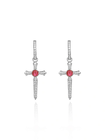 Cabochon Round Garnet, Round Diamond & White Gold Earrings, 1