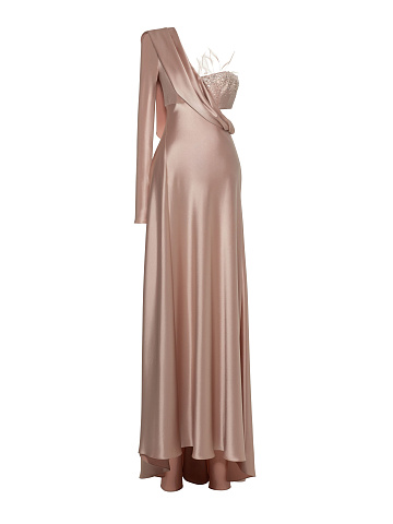 Dust Pink Asymmetric Draped Silk Maxi Dress, 1