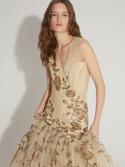 Beige Asymmetric Embroidered Mesh Maxi Dress, 8 Beige Asymmetric Embroidered Mesh Maxi Dress, 8