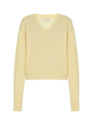 Pale Yellow Rhinestone Cashmere Pullover, 1