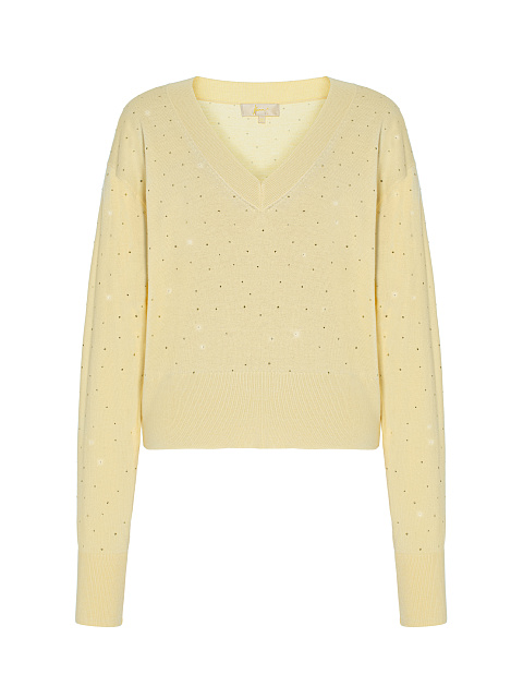 Pale Yellow Rhinestone Cashmere Pullover, 1