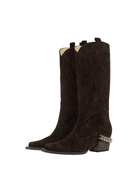 Brown suede cowboy boots with chain, 1