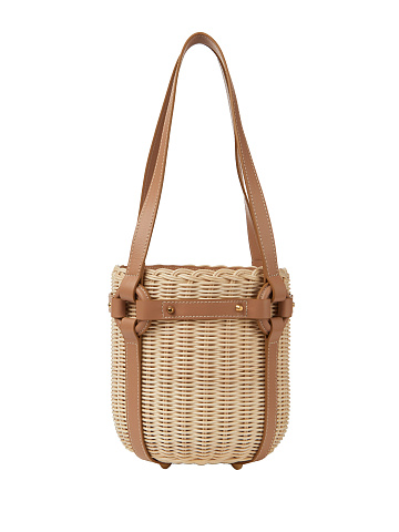 Brown Leather Trimmed Straw Bucket Bag, 2