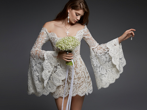 White Lace & Swarovski Crystals Flared Sleeve Mini Dress, 4