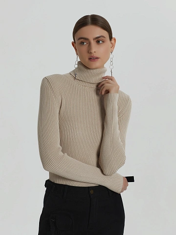 Light Beige Rib Knit Jersey Turtleneck, 2