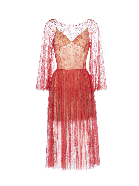 Red Lace Double-Layered Midi Dress, 1