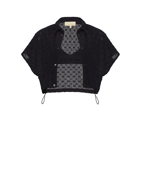 Black Cotton Lace Set Of Bra & Cropped Shirt, 1 Black Cotton Lace Set Of Bra & Cropped Shirt, 1