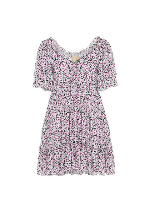 White & Pink Floral Print Cotton Mini Dress With Ruffles, 1 White & Pink Floral Print Cotton Mini Dress With Ruffles, 1