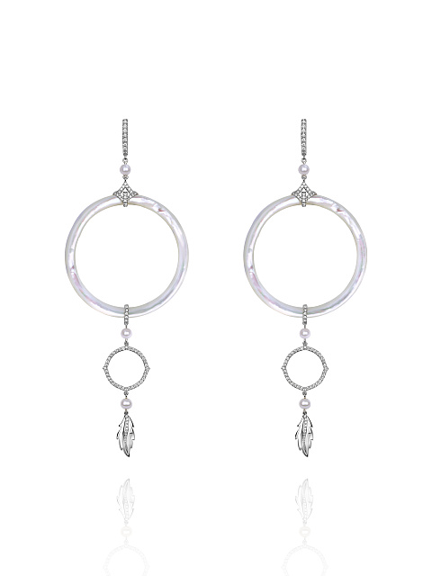 Round Diamond & White Pearl & White Pearl & White Gold Earrings, 1