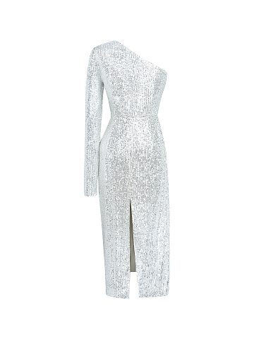 Silver Sequined Asymmetric Midi Dress , 2
