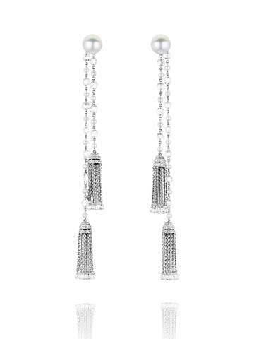 Briolette, Round, Baguette Diamond & Pearl South Sea & White Gold Tassel Earrings, 1