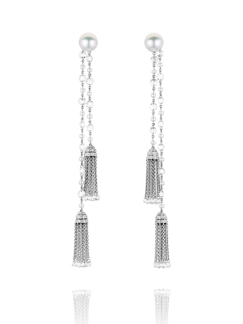 Briolette, Round, Baguette Diamond & Pearl South Sea & White Gold Tassel Earrings, 1