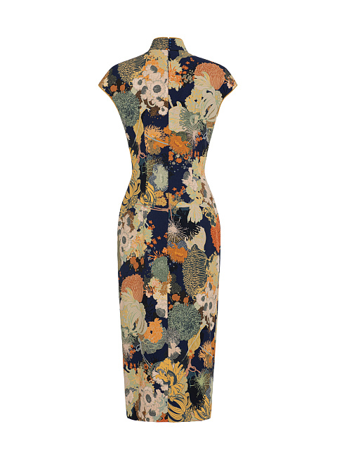 Navy Blue Floral Print Midi Dress, 4