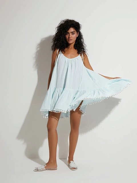 Light Blue Open Back Muslin Mini Dress, 6 Light Blue Open Back Muslin Mini Dress, 6