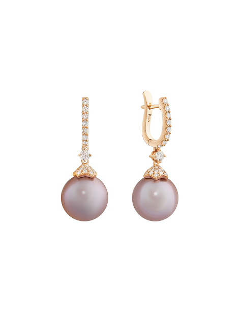 Pink gold earrings with lavender pearls and diamonds, 1