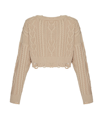 Beige Cotton Cropped Cable Knit Sweater, 2
