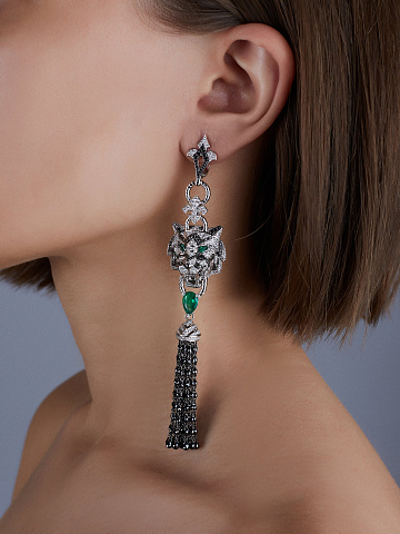 White Gold Emerald & Diamond Tiger Tassel Earrings, 2