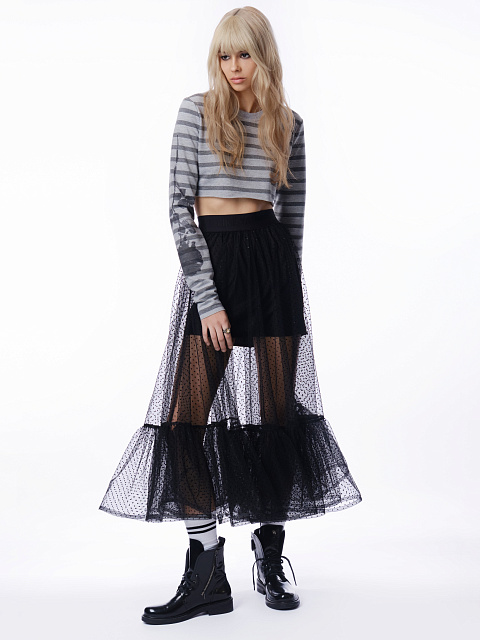 Grey Striped Cropped Longsleeve T-shirt, 6 Grey Striped Cropped Longsleeve T-shirt, 6