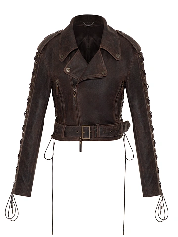 Brown Lace Up Leather Jacket, 1