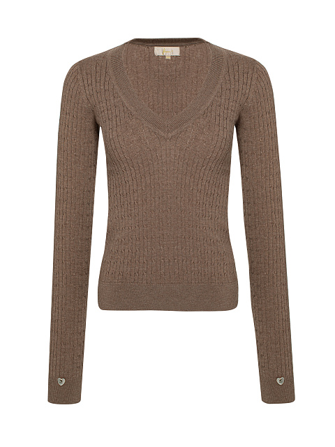 Brown Braided Cashmere V-neck Sweater, 1 Brown Braided Cashmere V-neck Sweater, 1