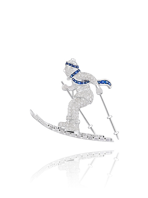 White Gold, Diamonds & Sapphires Skier Brooch, 1