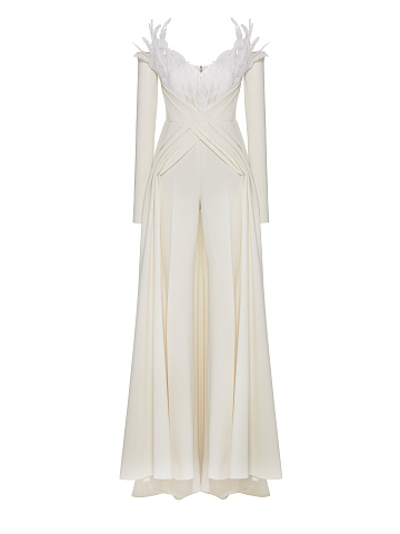 White suit with feather-trimmed blazer and trousers, 1