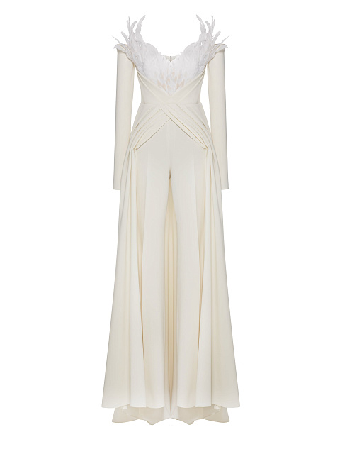 White suit with feather-trimmed blazer and trousers, 1 White suit with feather-trimmed blazer and trousers, 1