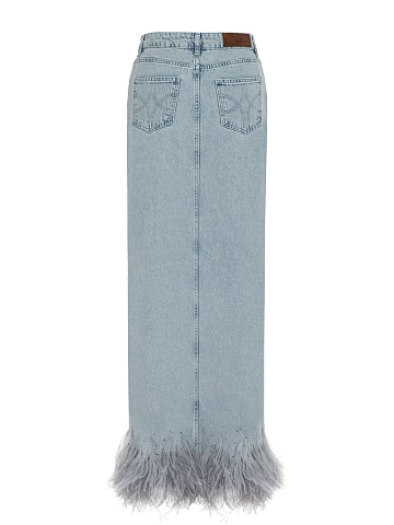 Blue Denim Maxi Skirt With Slit And Feathers, 2