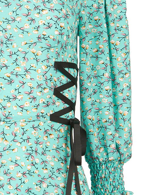 Turquoise Flower Printed Lace Up Midi Dress, 3 Turquoise Flower Printed Lace Up Midi Dress, 3
