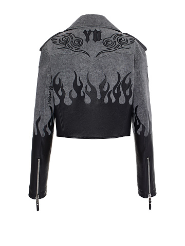 Grey Leather Trim Denim Biker Jacket, 2