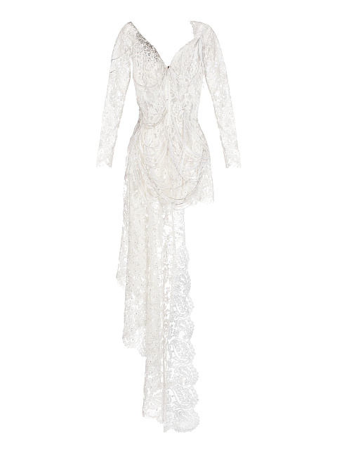 White Lace-Paneled Pearl-Embellished Dress, 2
