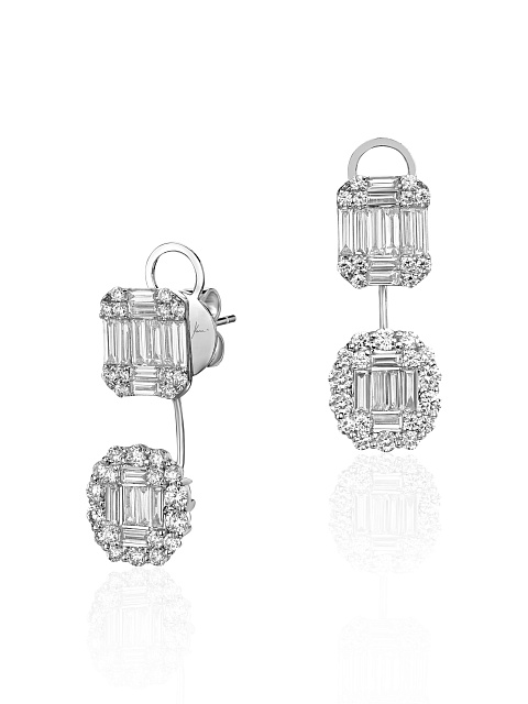 Round Diamond, Baguette Diamond  & White Gold Earrings, 1