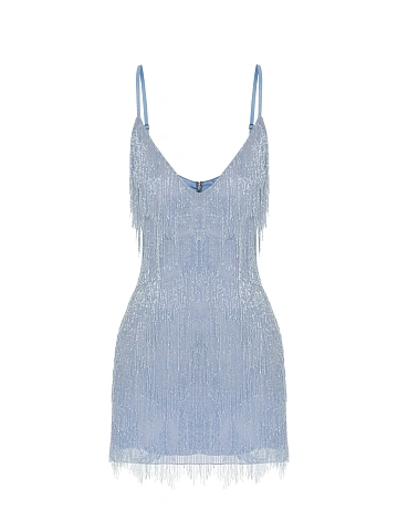 Light Blue Beaded Fringe Chiffon Mini Dress, 1
