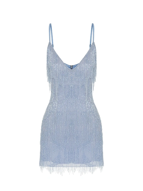 Light Blue Beaded Fringe Chiffon Mini Dress, 1 Light Blue Beaded Fringe Chiffon Mini Dress, 1
