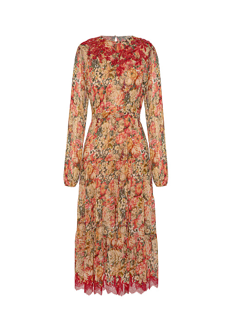 Beige Floral Chiffon Midi Dress, 1 Beige Floral Chiffon Midi Dress, 1