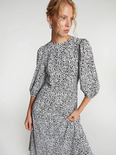 White & Black Printed Lantern Sleeve Midi Dress, 5 White & Black Printed Lantern Sleeve Midi Dress, 5