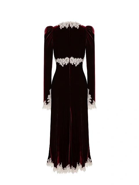 Burgundy velvet midi dress with white lace, 2 Burgundy velvet midi dress with white lace, 2