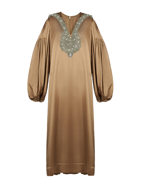 Brown Embroidered Silk Midi Dress, 1